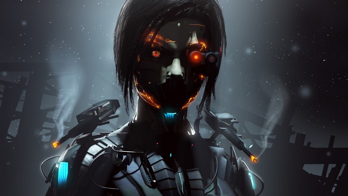 Robot with glowing eyes and mechanical parts