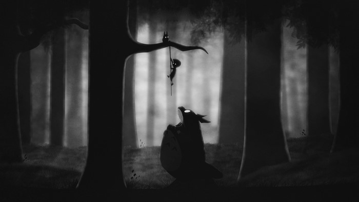 Monsters and child in a dark forest