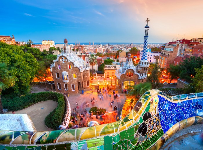 Park Güell in Barcelona, Spain at sunset