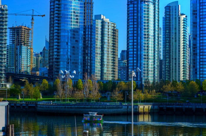 Vancouver Skyscrapers and River with Boat