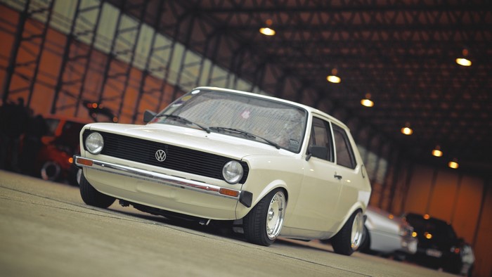 White Volkswagen Polo in a Garage