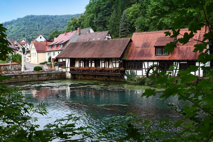 Half-timbered houses by a river in Blaubeuren, Germany