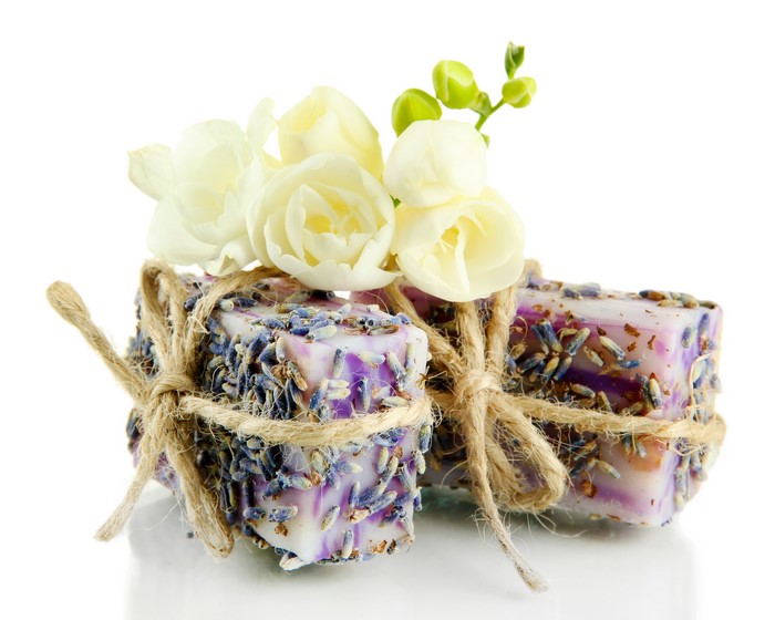 Lavender soaps with white flowers tied with twine