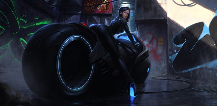Woman in black suit on a cyberbike in a neon alley