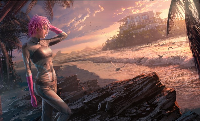 Woman in futuristic suit on rocky beach at sunset