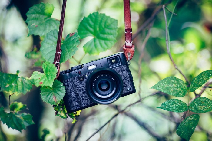 Black Fujifilm camera hanging from a strap in foliage