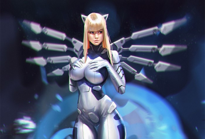 Cyberpunk blonde cyborg with mechanical wings
