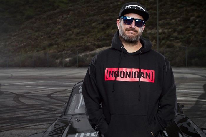 Ken Block wearing Hoonigan hoodie and cap