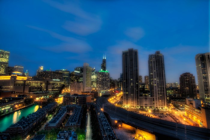 Chicago City Skyline at Night with River