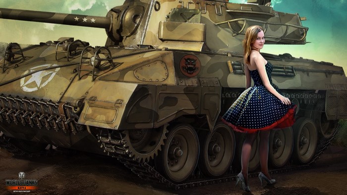 Woman in polka dot dress next to World of Tanks tank
