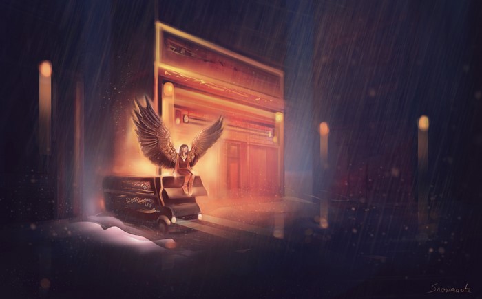 Angel with wings sitting on a car in the rain