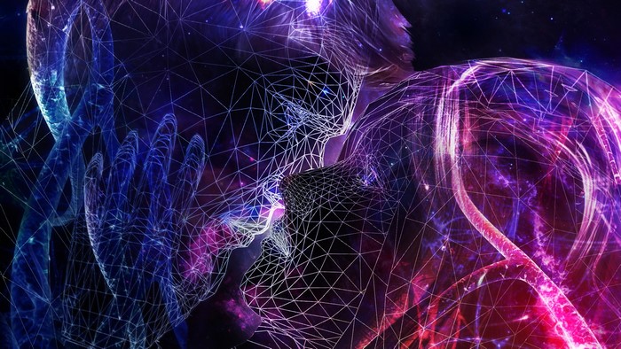 Abstract digital art of two faces kissing