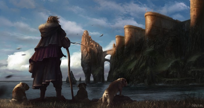 Person with dogs looking at a castle on a cliff
