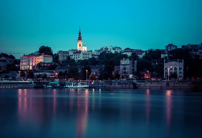Belgrade, Serbia at Night with River and Buildings