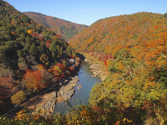 River valley in autumn mountains