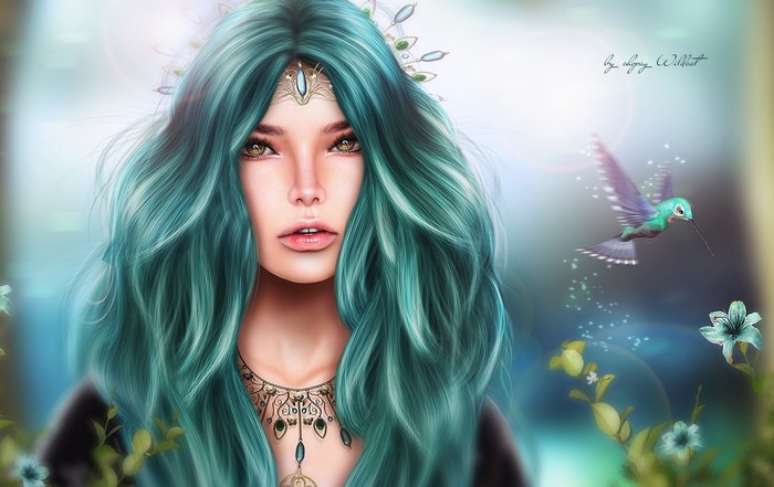 Woman with teal hair and hummingbird