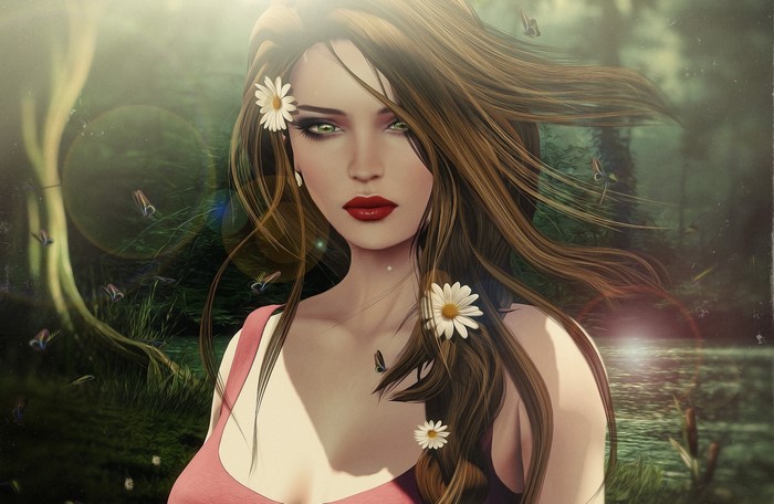 Brown-haired woman with camomiles in her hair