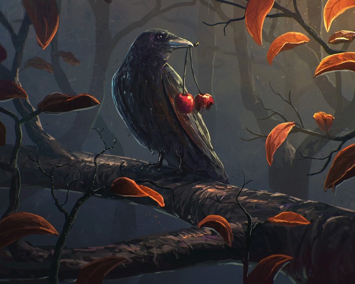 Crow holding cherries on a branch with autumn leaves