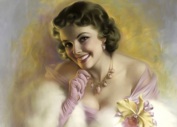 Painting of a smiling woman in vintage attire