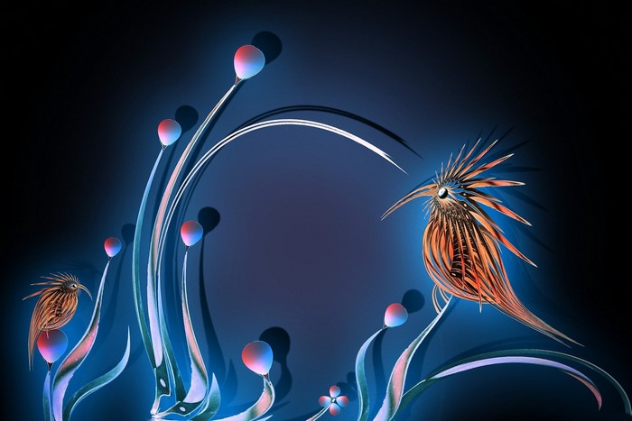 Abstract birds and glowing plants on a dark background