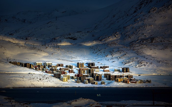Snowy town of Nuuk, Greenland by the water