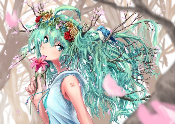 Hatsune Miku with flower crown and bird
