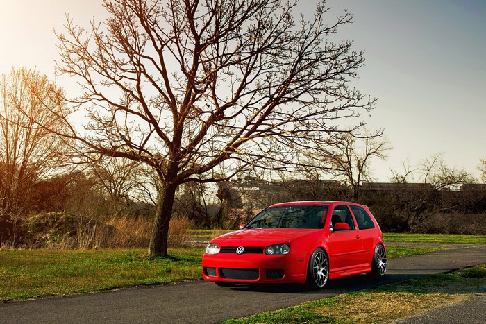Red Volkswagen Golf MK4 parked by a tree