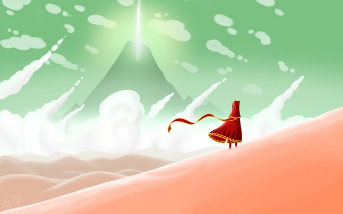 Character in red cloak on a desert dune looking at a mountain