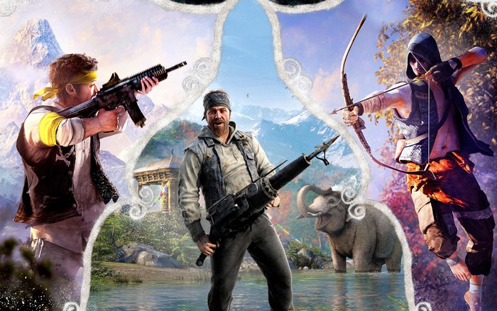 Far Cry 4 characters with weapons and elephant