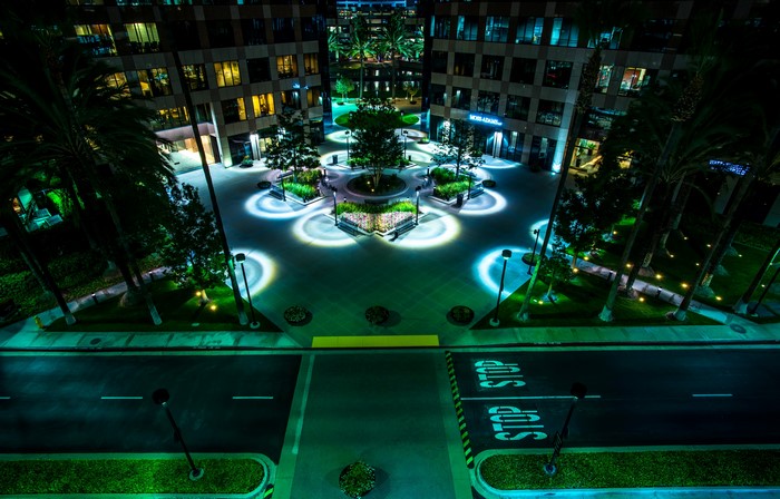Modern Courtyard at Night with Street Lights