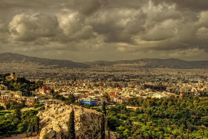 View of Athens, Greece from above with clouds