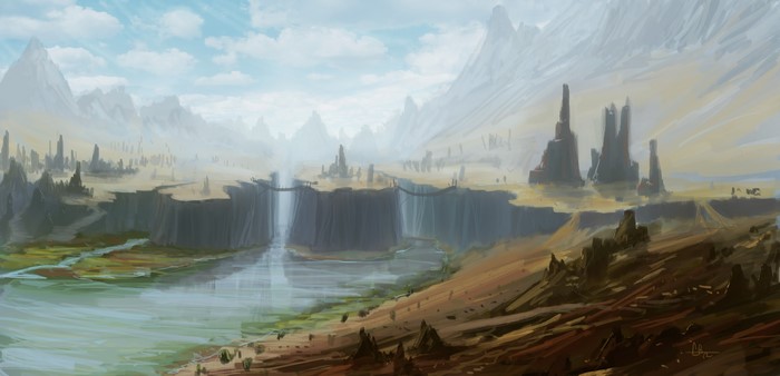 Fantasy landscape with mountains, rivers, and rock formations