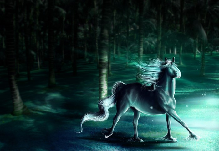 Magical horse running through a dark forest