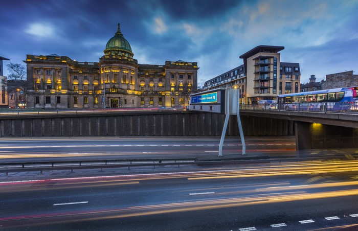 Glasgow, Scotland - Cityscape with Buildings and Light Trails