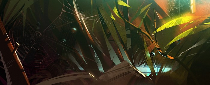 Dark jungle with spider webs and glowing eyes