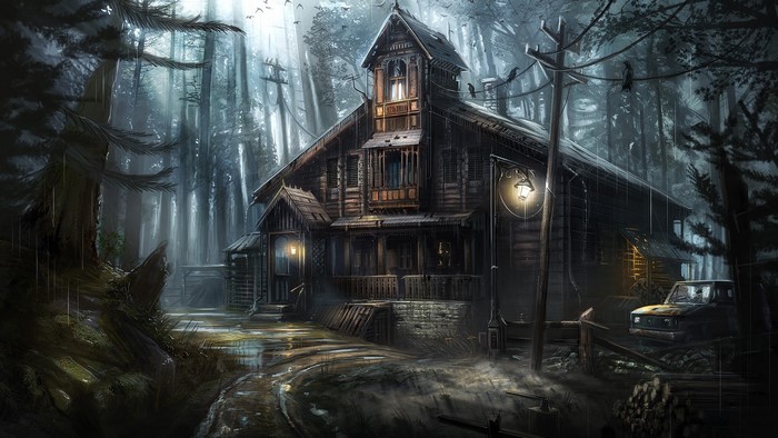 Haunted house in a dark, rainy forest