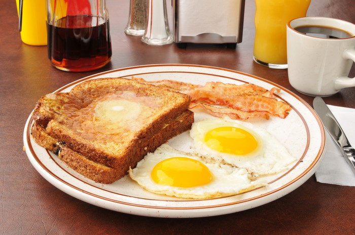Breakfast plate with toast, fried eggs, and bacon