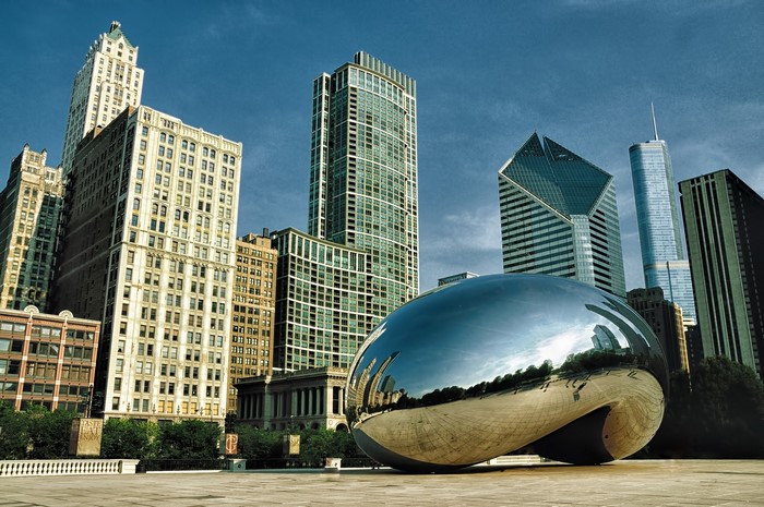Cloud Gate sculpture in Chicago with skyscrapers