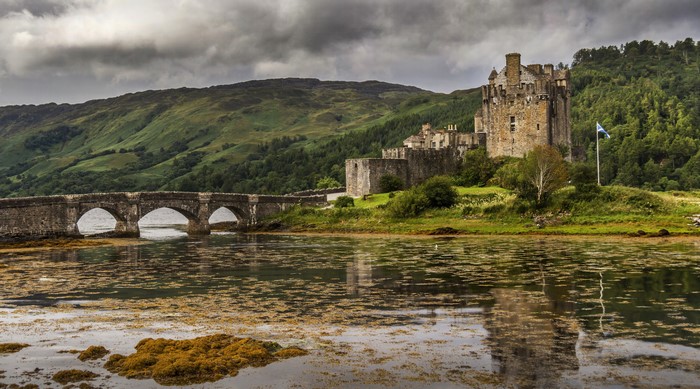 4K Eilean Donan Castle Scotland with Bridge and River
