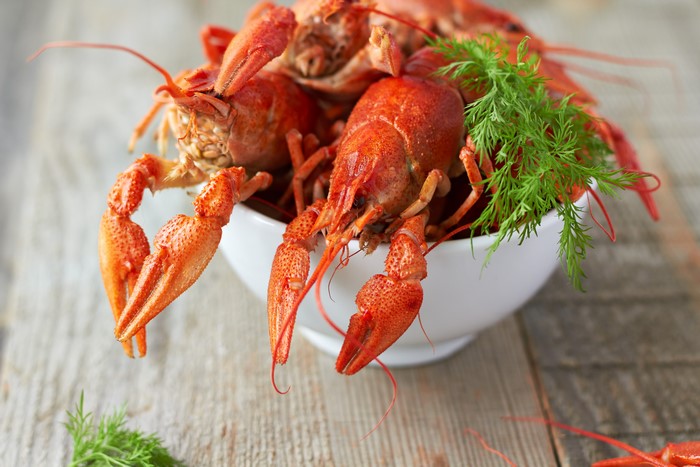 Cooked Crayfish with Dill in a Bowl