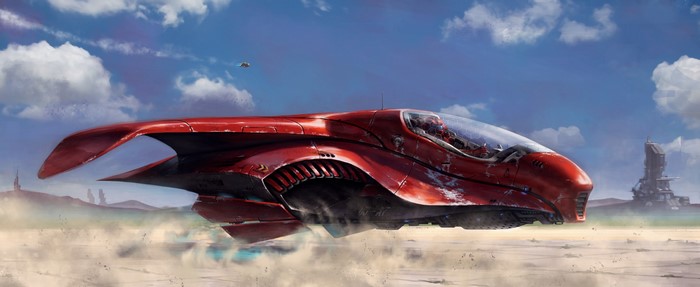 Red futuristic vehicle speeding through a desert landscape