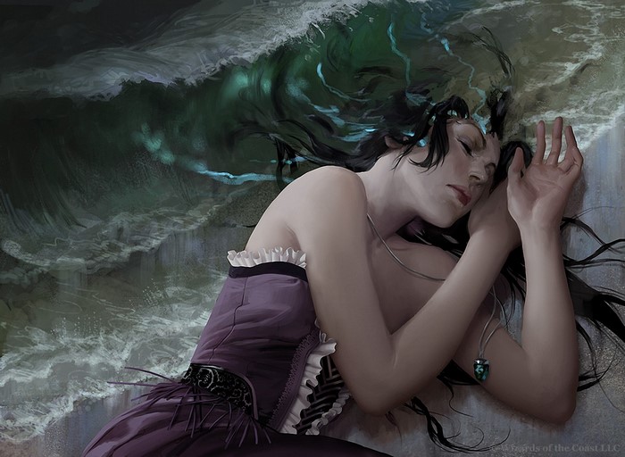Woman sleeping by the ocean waves