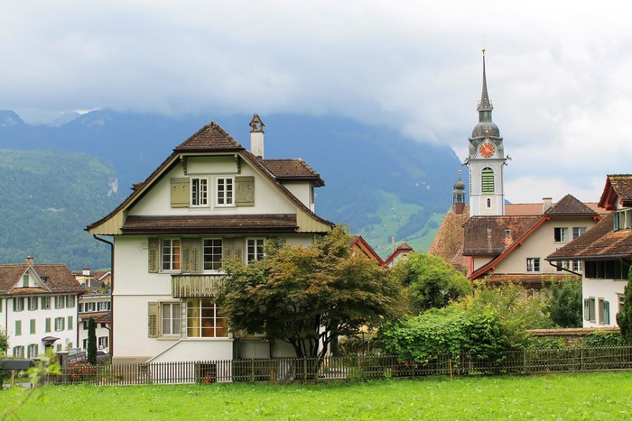 Houses and church tower in Schwyz, Switzerland