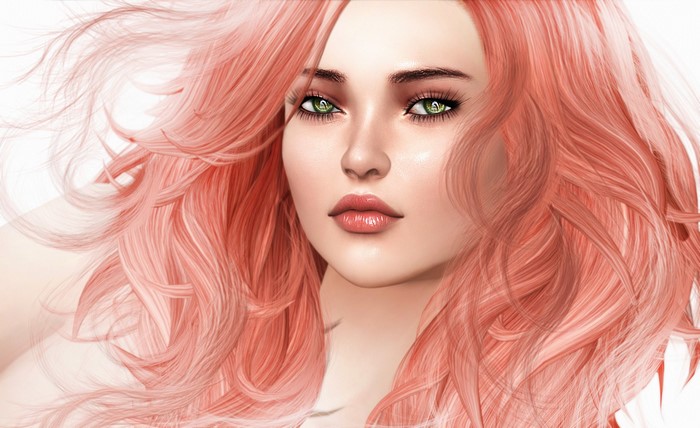 Woman with flowing pink hair and green eyes