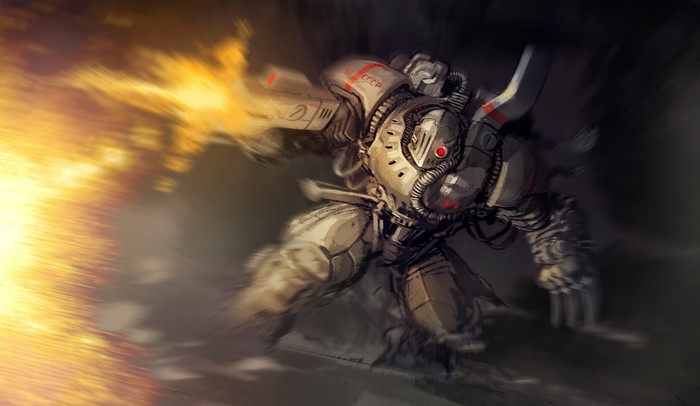 Robot firing weapon with USSR insignia
