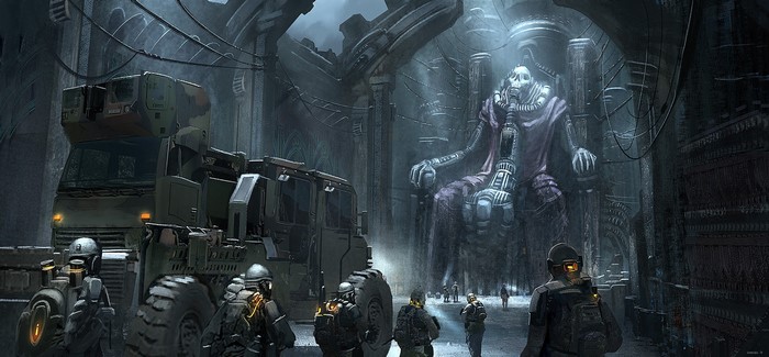 Soldiers and giant statue in a ruined city