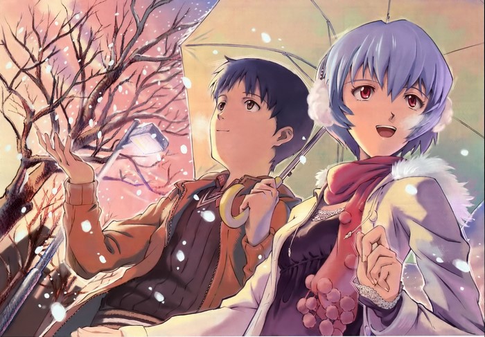 Shinji Ikari and Rei Ayanami from Neon Genesis Evangelion in snow