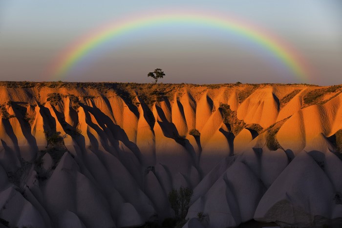 Rainbow over Cappadocia rock formations with a lone tree
