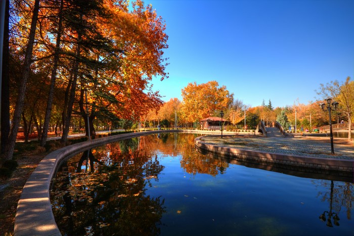 Autumn park with pond and trees in Ankara, Turkey