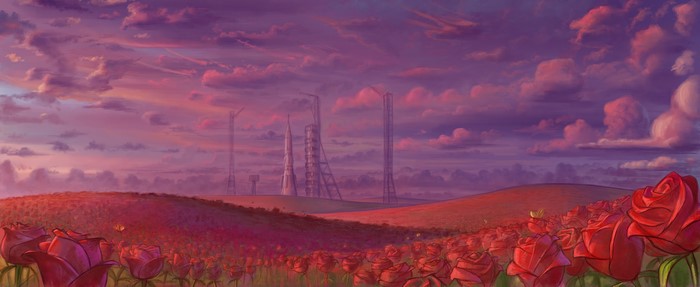Spaceport with Roses Field Painting Art